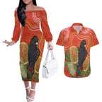 Personalised Australia Banksia And Black Cockatoo Couples Matching Off The Shoulder Long Sleeve Dress and Hawaiian Shirt Aboriginal Art