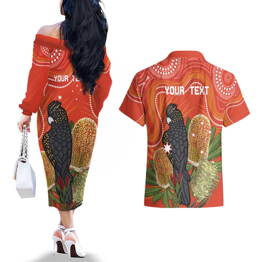 Personalised Australia Banksia And Black Cockatoo Couples Matching Off The Shoulder Long Sleeve Dress and Hawaiian Shirt Aboriginal Art
