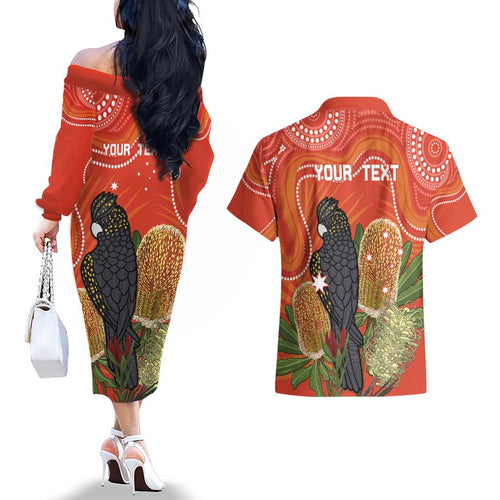Personalised Australia Banksia And Black Cockatoo Couples Matching Off The Shoulder Long Sleeve Dress and Hawaiian Shirt Aboriginal Art
