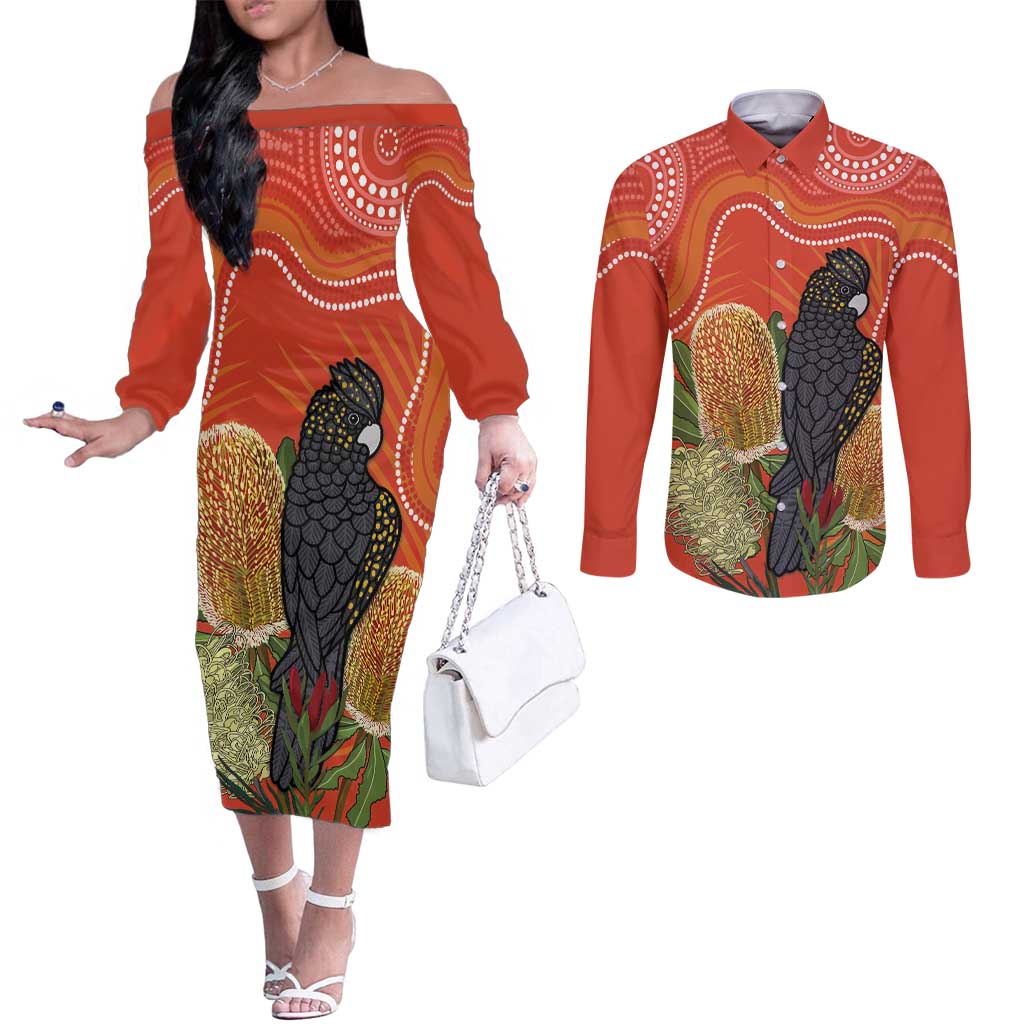 Personalised Australia Banksia And Black Cockatoo Couples Matching Off The Shoulder Long Sleeve Dress and Long Sleeve Button Shirt Aboriginal Art