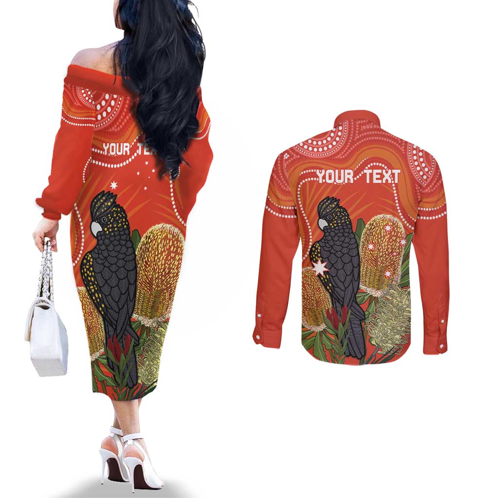Personalised Australia Banksia And Black Cockatoo Couples Matching Off The Shoulder Long Sleeve Dress and Long Sleeve Button Shirt Aboriginal Art