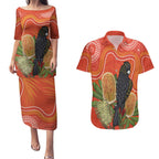 Personalised Australia Banksia And Black Cockatoo Couples Matching Puletasi and Hawaiian Shirt Aboriginal Art