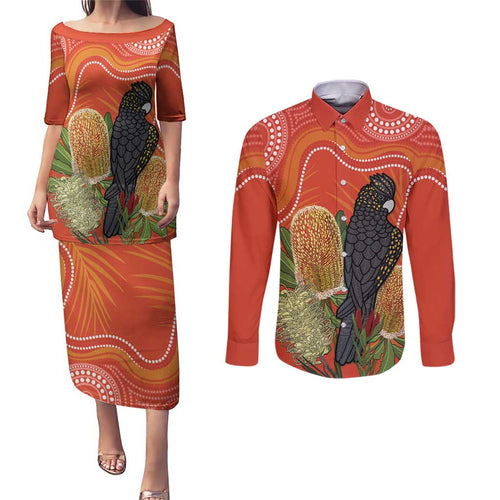 Personalised Australia Banksia And Black Cockatoo Couples Matching Puletasi and Long Sleeve Button Shirt Aboriginal Art