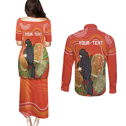 Personalised Australia Banksia And Black Cockatoo Couples Matching Puletasi and Long Sleeve Button Shirt Aboriginal Art