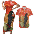 Personalised Australia Banksia And Black Cockatoo Couples Matching Short Sleeve Bodycon Dress and Hawaiian Shirt Aboriginal Art