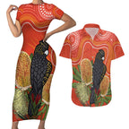 Personalised Australia Banksia And Black Cockatoo Couples Matching Short Sleeve Bodycon Dress and Hawaiian Shirt Aboriginal Art