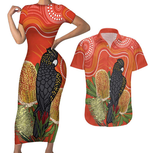 Personalised Australia Banksia And Black Cockatoo Couples Matching Short Sleeve Bodycon Dress and Hawaiian Shirt Aboriginal Art
