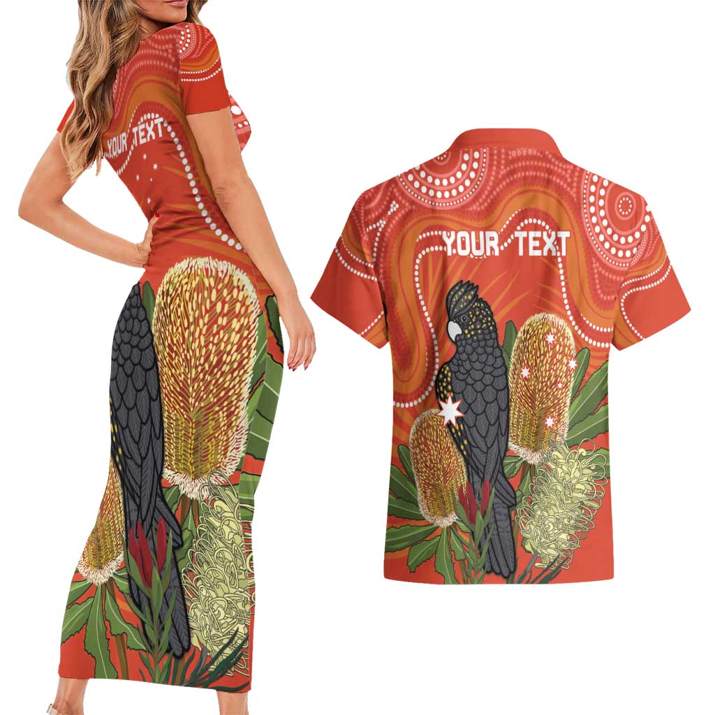 Personalised Australia Banksia And Black Cockatoo Couples Matching Short Sleeve Bodycon Dress and Hawaiian Shirt Aboriginal Art