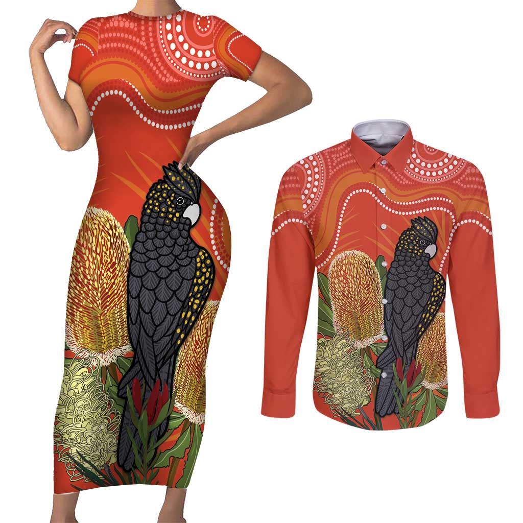Personalised Australia Banksia And Black Cockatoo Couples Matching Short Sleeve Bodycon Dress and Long Sleeve Button Shirt Aboriginal Art
