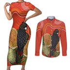 Personalised Australia Banksia And Black Cockatoo Couples Matching Short Sleeve Bodycon Dress and Long Sleeve Button Shirt Aboriginal Art