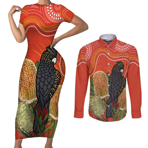 Personalised Australia Banksia And Black Cockatoo Couples Matching Short Sleeve Bodycon Dress and Long Sleeve Button Shirt Aboriginal Art
