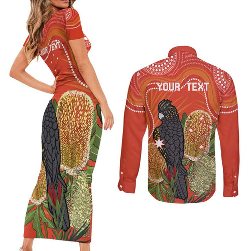 Personalised Australia Banksia And Black Cockatoo Couples Matching Short Sleeve Bodycon Dress and Long Sleeve Button Shirt Aboriginal Art