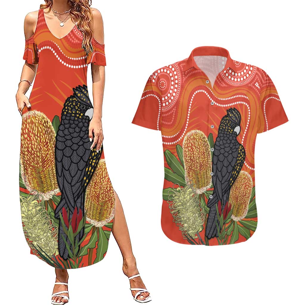 Personalised Australia Banksia And Black Cockatoo Couples Matching Summer Maxi Dress and Hawaiian Shirt Aboriginal Art