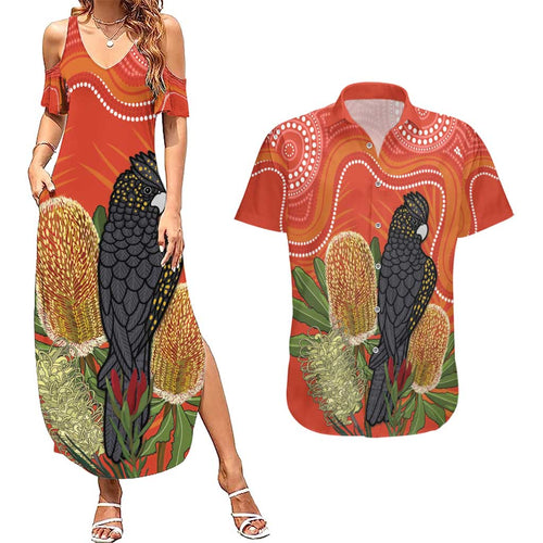 Personalised Australia Banksia And Black Cockatoo Couples Matching Summer Maxi Dress and Hawaiian Shirt Aboriginal Art