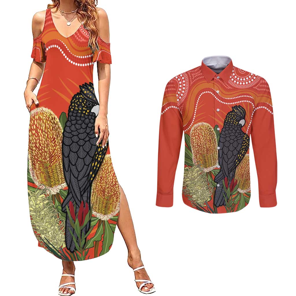 Personalised Australia Banksia And Black Cockatoo Couples Matching Summer Maxi Dress and Long Sleeve Button Shirt Aboriginal Art
