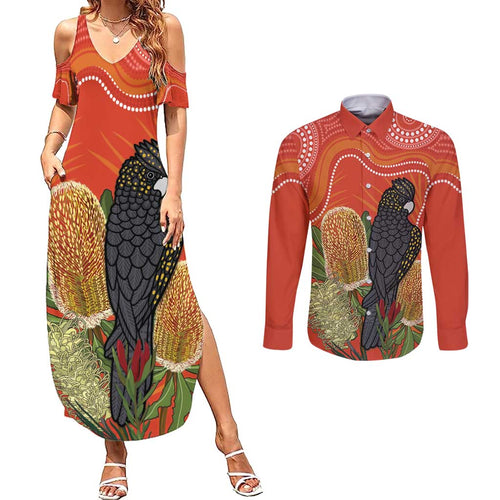 Personalised Australia Banksia And Black Cockatoo Couples Matching Summer Maxi Dress and Long Sleeve Button Shirt Aboriginal Art