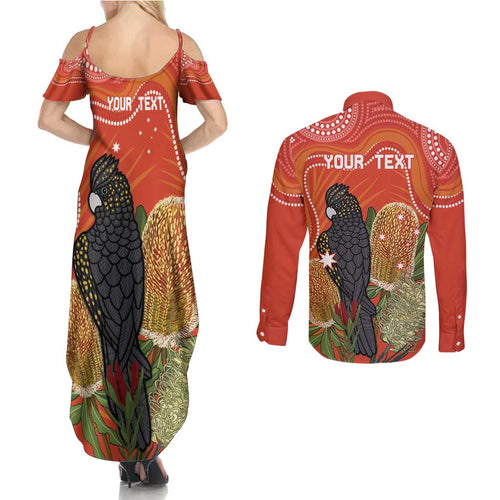 Personalised Australia Banksia And Black Cockatoo Couples Matching Summer Maxi Dress and Long Sleeve Button Shirt Aboriginal Art
