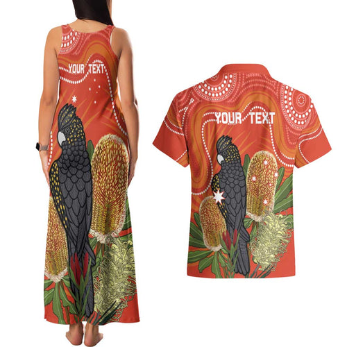 Personalised Australia Banksia And Black Cockatoo Couples Matching Tank Maxi Dress and Hawaiian Shirt Aboriginal Art