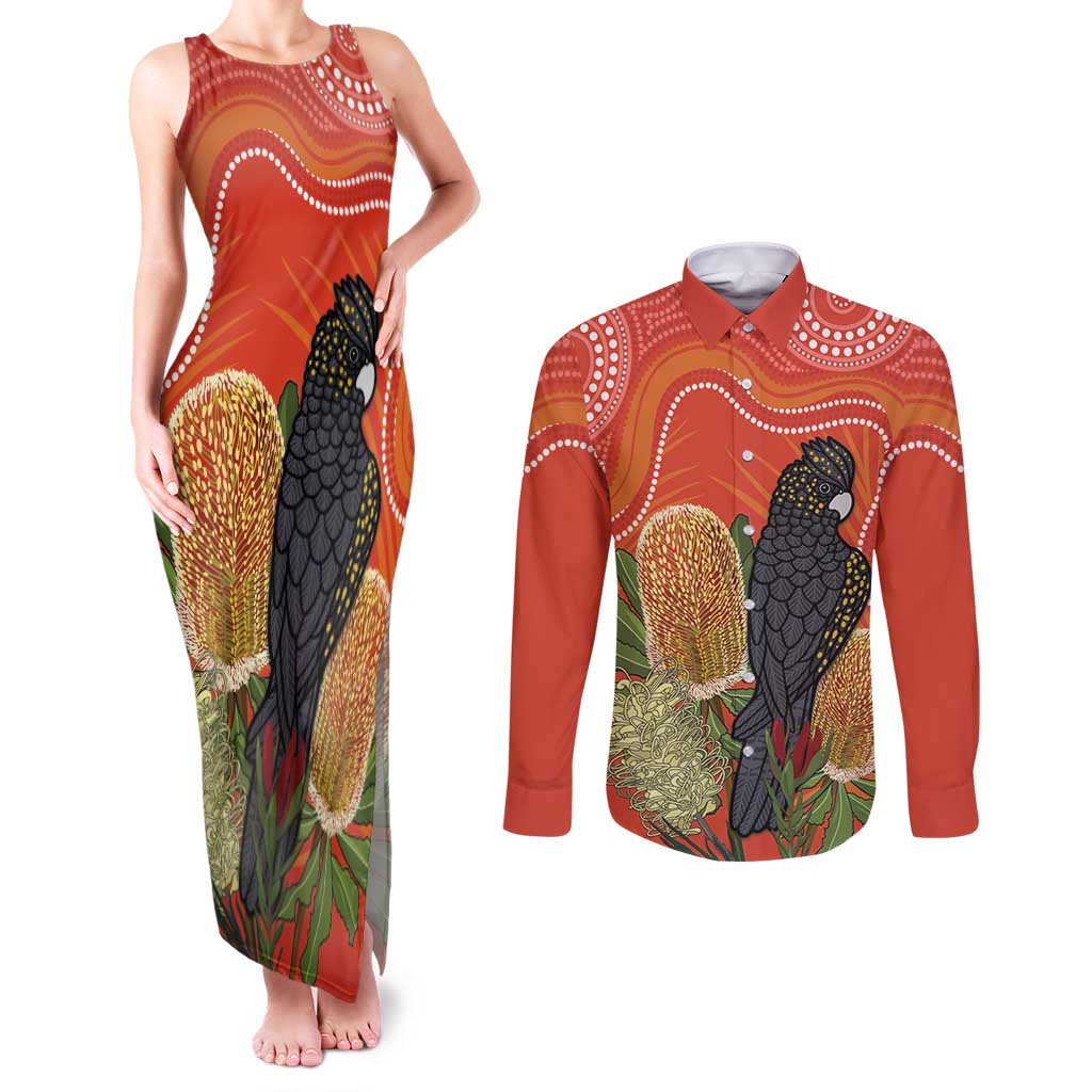Personalised Australia Banksia And Black Cockatoo Couples Matching Tank Maxi Dress and Long Sleeve Button Shirt Aboriginal Art
