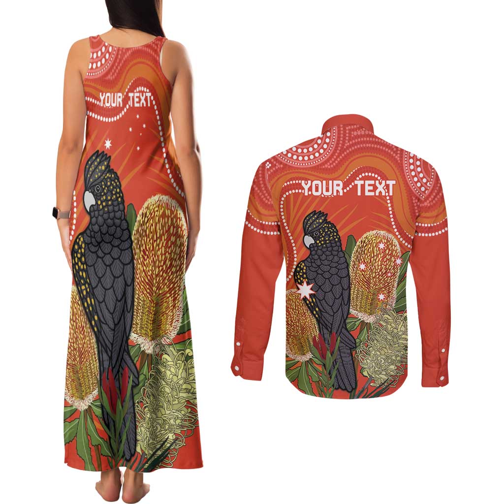 Personalised Australia Banksia And Black Cockatoo Couples Matching Tank Maxi Dress and Long Sleeve Button Shirt Aboriginal Art