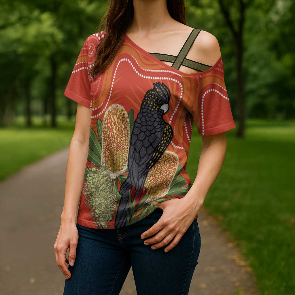 Personalised Australia Banksia And Black Cockatoo Cross Shoulder Shirt Aboriginal Art - Aussie Hoodie
