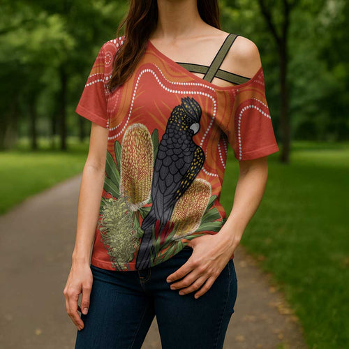 Personalised Australia Banksia And Black Cockatoo Cross Shoulder Shirt Aboriginal Art - Aussie Hoodie