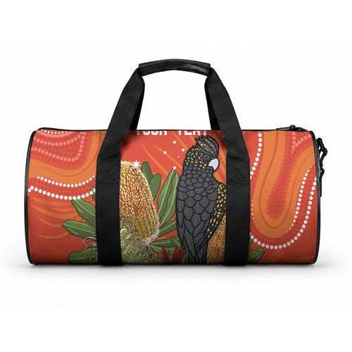 Personalised Australia Banksia And Black Cockatoo Duffle Bag Aboriginal Art