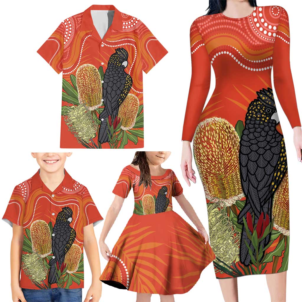 Personalised Australia Banksia And Black Cockatoo Family Matching Long Sleeve Bodycon Dress and Hawaiian Shirt Aboriginal Art