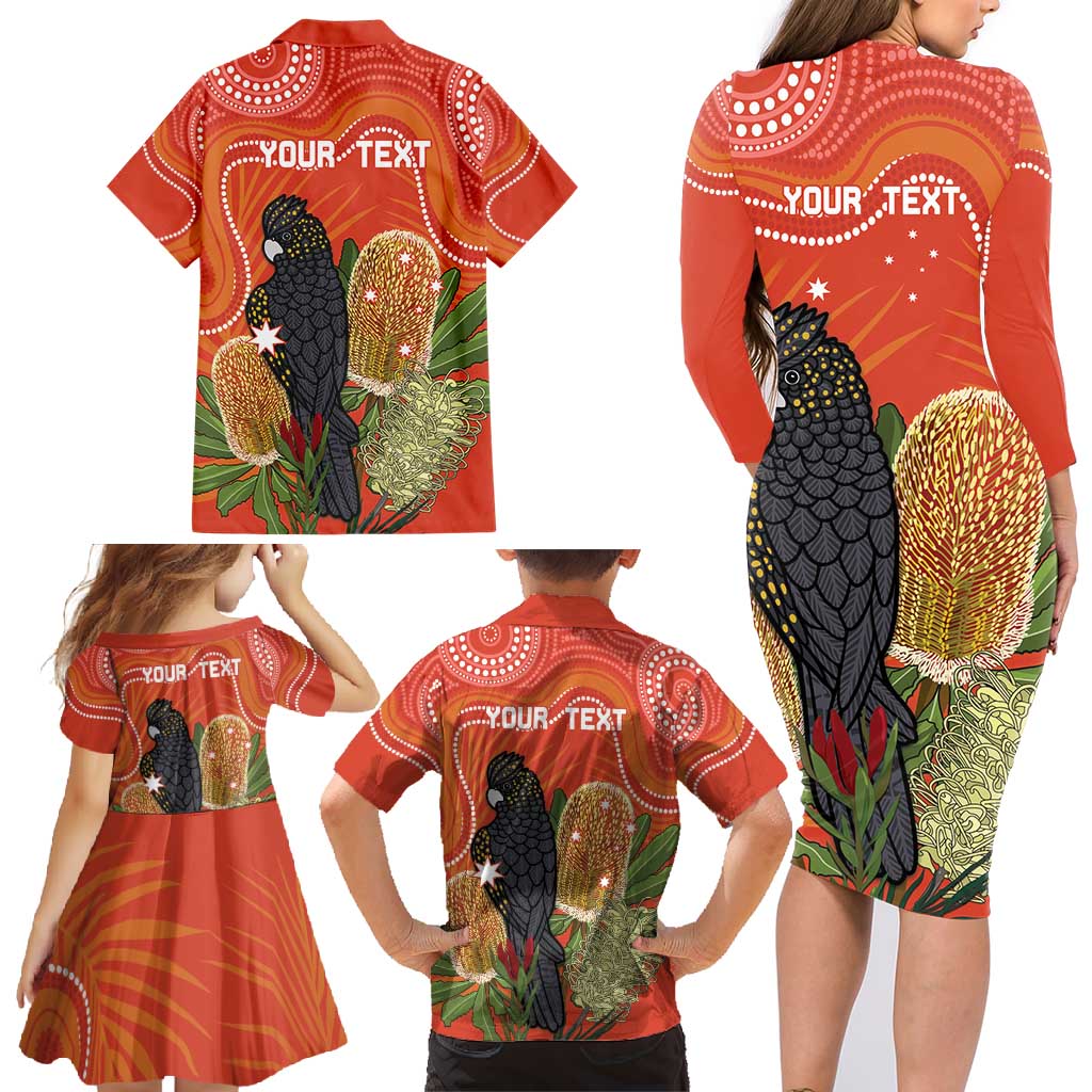Personalised Australia Banksia And Black Cockatoo Family Matching Long Sleeve Bodycon Dress and Hawaiian Shirt Aboriginal Art