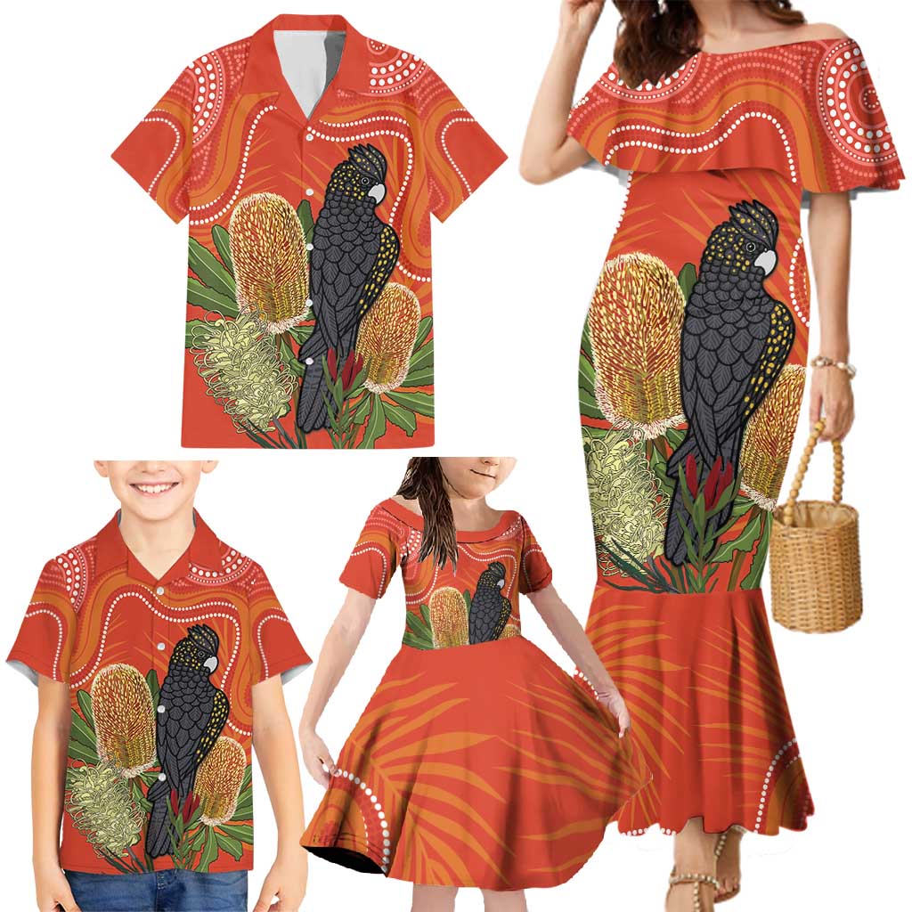 Personalised Australia Banksia And Black Cockatoo Family Matching Mermaid Dress and Hawaiian Shirt Aboriginal Art