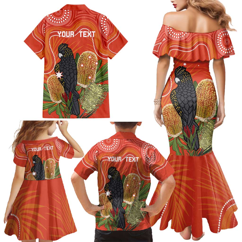 Personalised Australia Banksia And Black Cockatoo Family Matching Mermaid Dress and Hawaiian Shirt Aboriginal Art