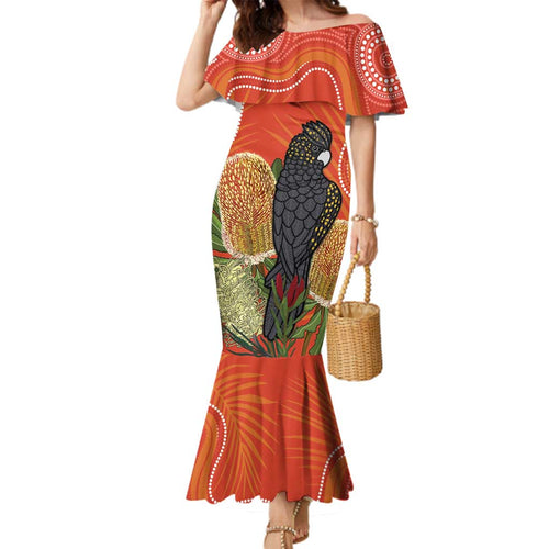 Personalised Australia Banksia And Black Cockatoo Family Matching Mermaid Dress and Hawaiian Shirt Aboriginal Art
