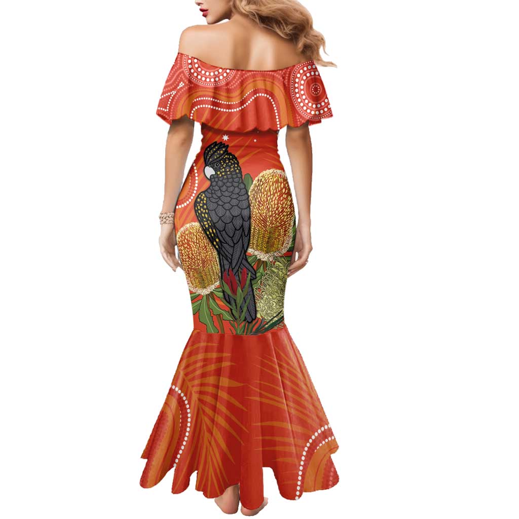 Personalised Australia Banksia And Black Cockatoo Family Matching Mermaid Dress and Hawaiian Shirt Aboriginal Art