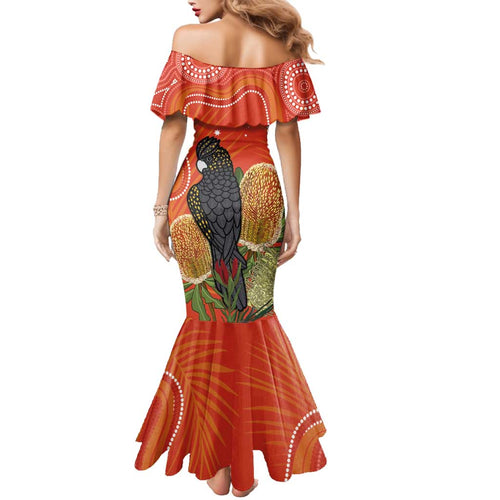 Personalised Australia Banksia And Black Cockatoo Family Matching Mermaid Dress and Hawaiian Shirt Aboriginal Art