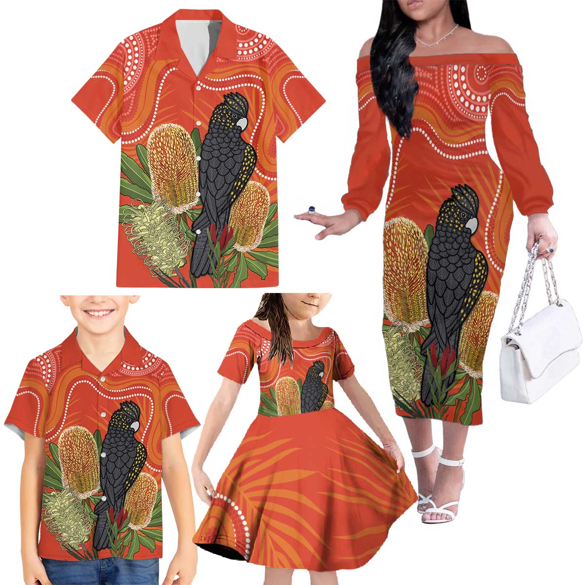 Personalised Australia Banksia And Black Cockatoo Family Matching Off The Shoulder Long Sleeve Dress and Hawaiian Shirt Aboriginal Art