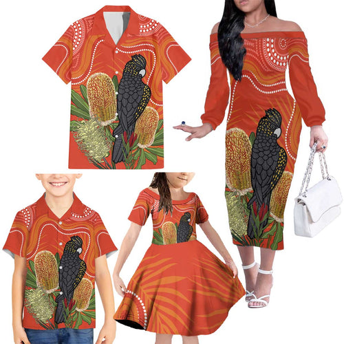 Personalised Australia Banksia And Black Cockatoo Family Matching Off The Shoulder Long Sleeve Dress and Hawaiian Shirt Aboriginal Art