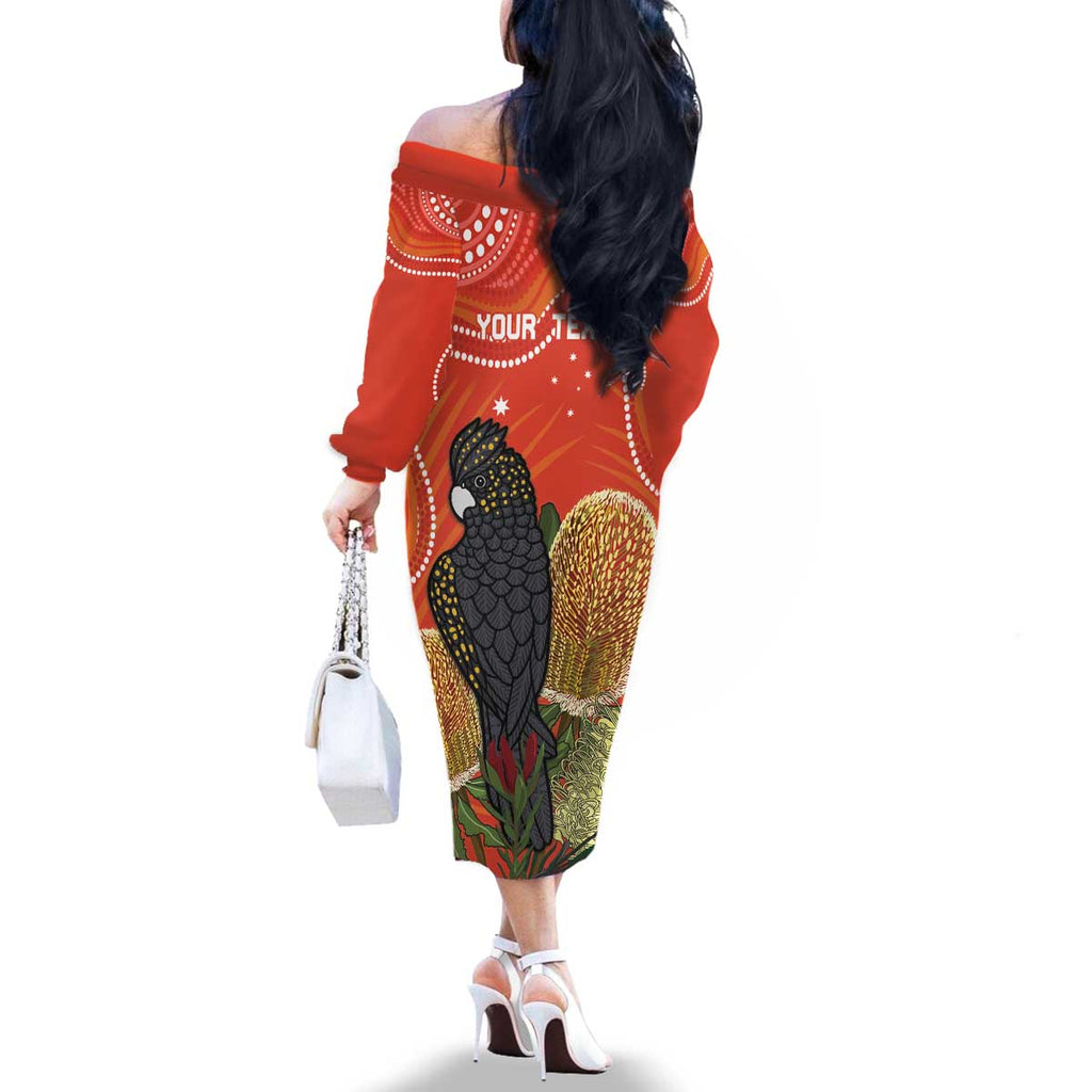 Personalised Australia Banksia And Black Cockatoo Family Matching Off The Shoulder Long Sleeve Dress and Hawaiian Shirt Aboriginal Art