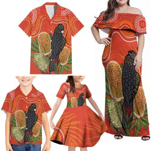 Personalised Australia Banksia And Black Cockatoo Family Matching Off Shoulder Maxi Dress and Hawaiian Shirt Aboriginal Art