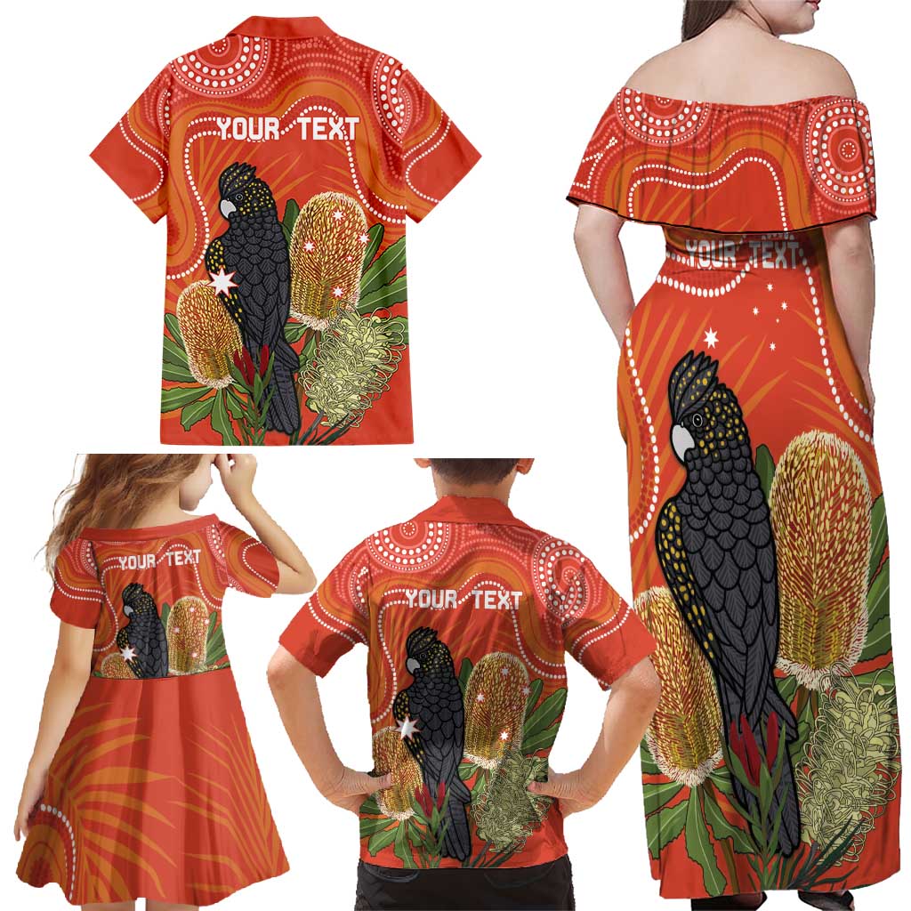 Personalised Australia Banksia And Black Cockatoo Family Matching Off Shoulder Maxi Dress and Hawaiian Shirt Aboriginal Art