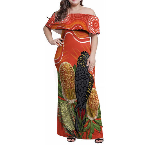 Personalised Australia Banksia And Black Cockatoo Family Matching Off Shoulder Maxi Dress and Hawaiian Shirt Aboriginal Art