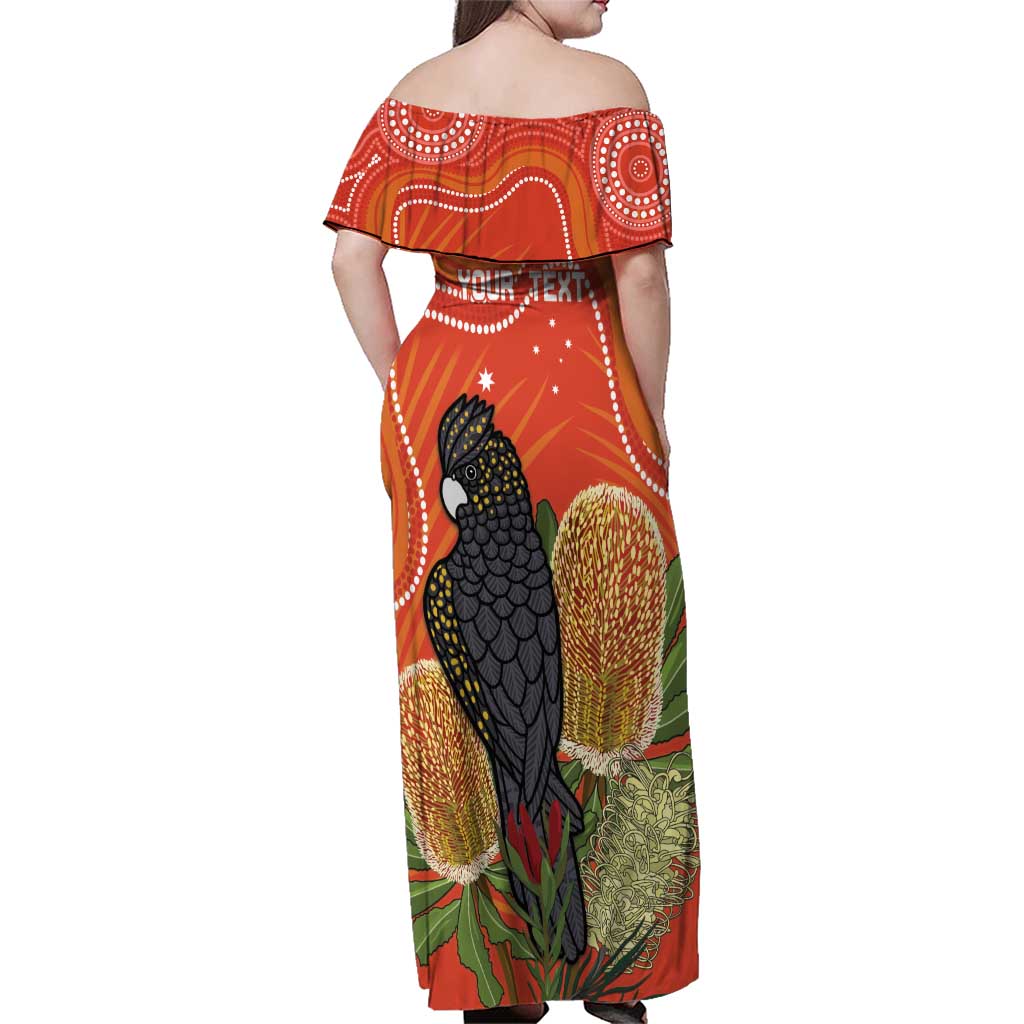 Personalised Australia Banksia And Black Cockatoo Family Matching Off Shoulder Maxi Dress and Hawaiian Shirt Aboriginal Art