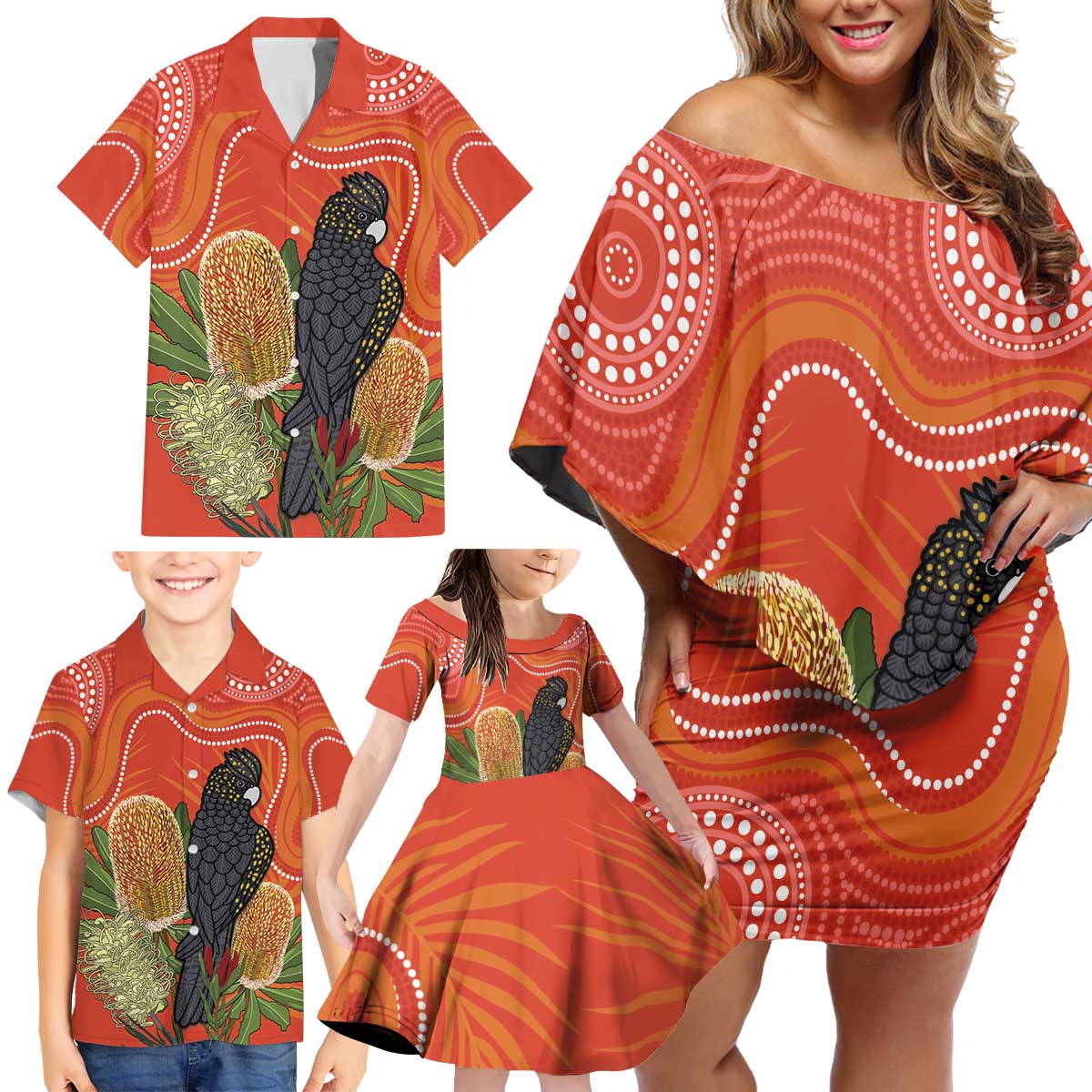 Personalised Australia Banksia And Black Cockatoo Family Matching Off Shoulder Short Dress and Hawaiian Shirt Aboriginal Art