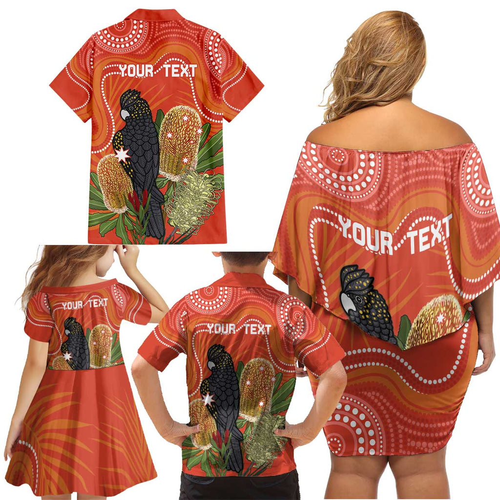 Personalised Australia Banksia And Black Cockatoo Family Matching Off Shoulder Short Dress and Hawaiian Shirt Aboriginal Art