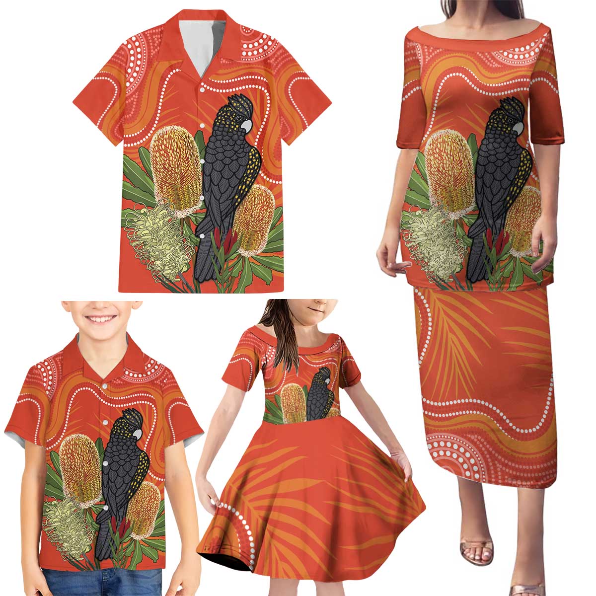 Personalised Australia Banksia And Black Cockatoo Family Matching Puletasi and Hawaiian Shirt Aboriginal Art
