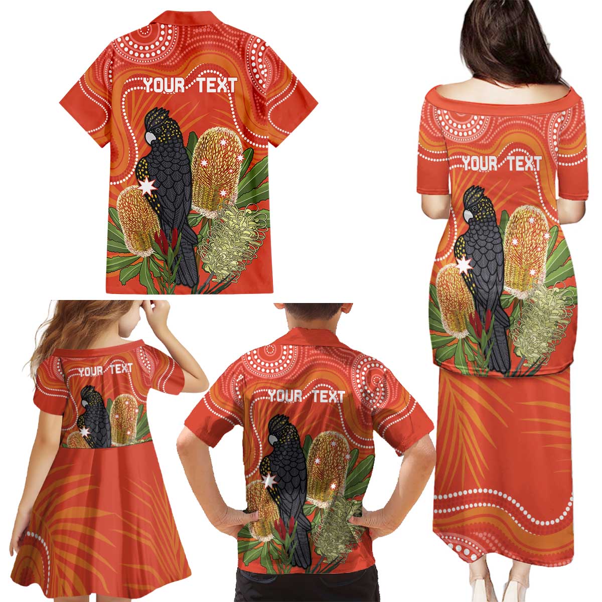 Personalised Australia Banksia And Black Cockatoo Family Matching Puletasi and Hawaiian Shirt Aboriginal Art