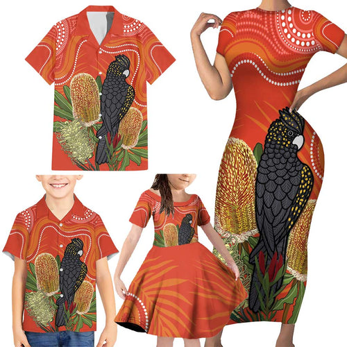 Personalised Australia Banksia And Black Cockatoo Family Matching Short Sleeve Bodycon Dress and Hawaiian Shirt Aboriginal Art