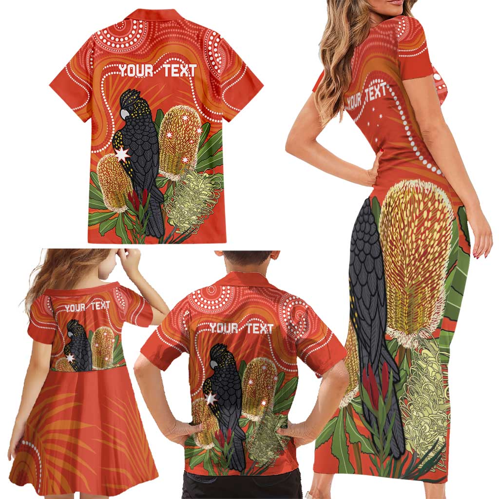 Personalised Australia Banksia And Black Cockatoo Family Matching Short Sleeve Bodycon Dress and Hawaiian Shirt Aboriginal Art
