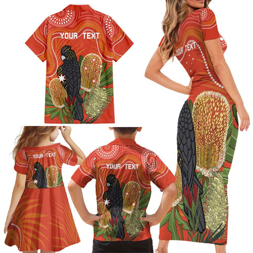 Personalised Australia Banksia And Black Cockatoo Family Matching Short Sleeve Bodycon Dress and Hawaiian Shirt Aboriginal Art