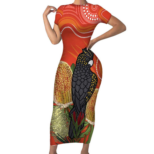 Personalised Australia Banksia And Black Cockatoo Family Matching Short Sleeve Bodycon Dress and Hawaiian Shirt Aboriginal Art