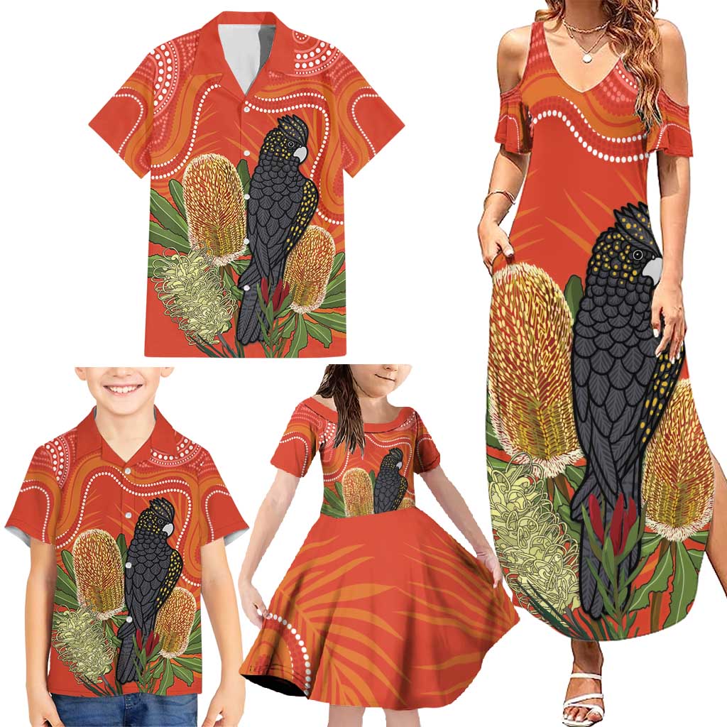 Personalised Australia Banksia And Black Cockatoo Family Matching Summer Maxi Dress and Hawaiian Shirt Aboriginal Art